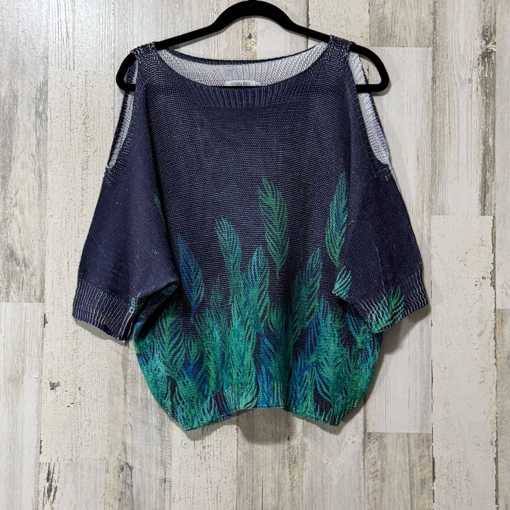 Luisa Ricci Cold Shoulder Navy Green Fern Palm Lightweight Knit Blouse